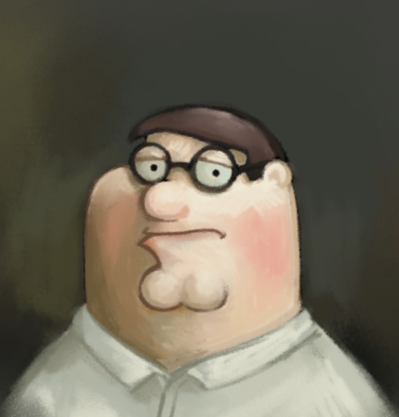 zoolpal, peter griffin, family guy, commentary, english commentary, highres, 1boy, brown hair, cleft chin, closed mouth, collared shirt, fat, fat man, frown, glasses, looking at viewer, male focus, round eyewear, shirt, short hair, solo, very short hair, white shirt