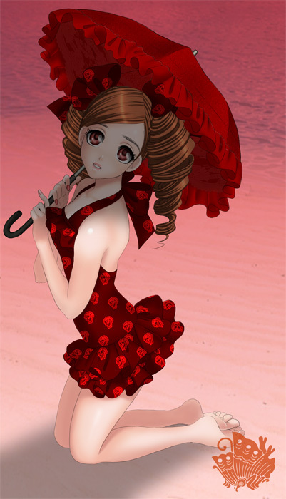 brown hair, curly hair, dress, feet, hair ribbon, kneeling, nail polish, red eyes, ribbon, soles, umbrella