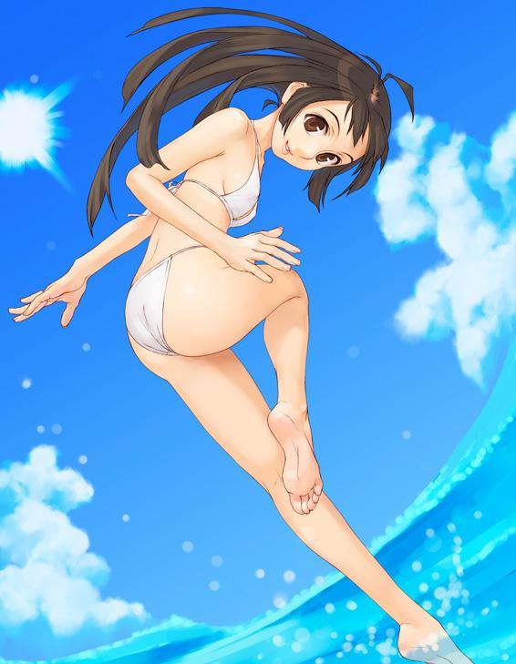 yuuki katsuhiko, original, 1girl, ass, barefoot, bikini, breasts, brown eyes, brown hair, cloud, collarbone, feet, from behind, lingerie, long hair, looking at viewer, looking back, ocean, sky, small breasts, smile, soles, swimsuit, teeth, thighhighs, underwear, water, white bikini