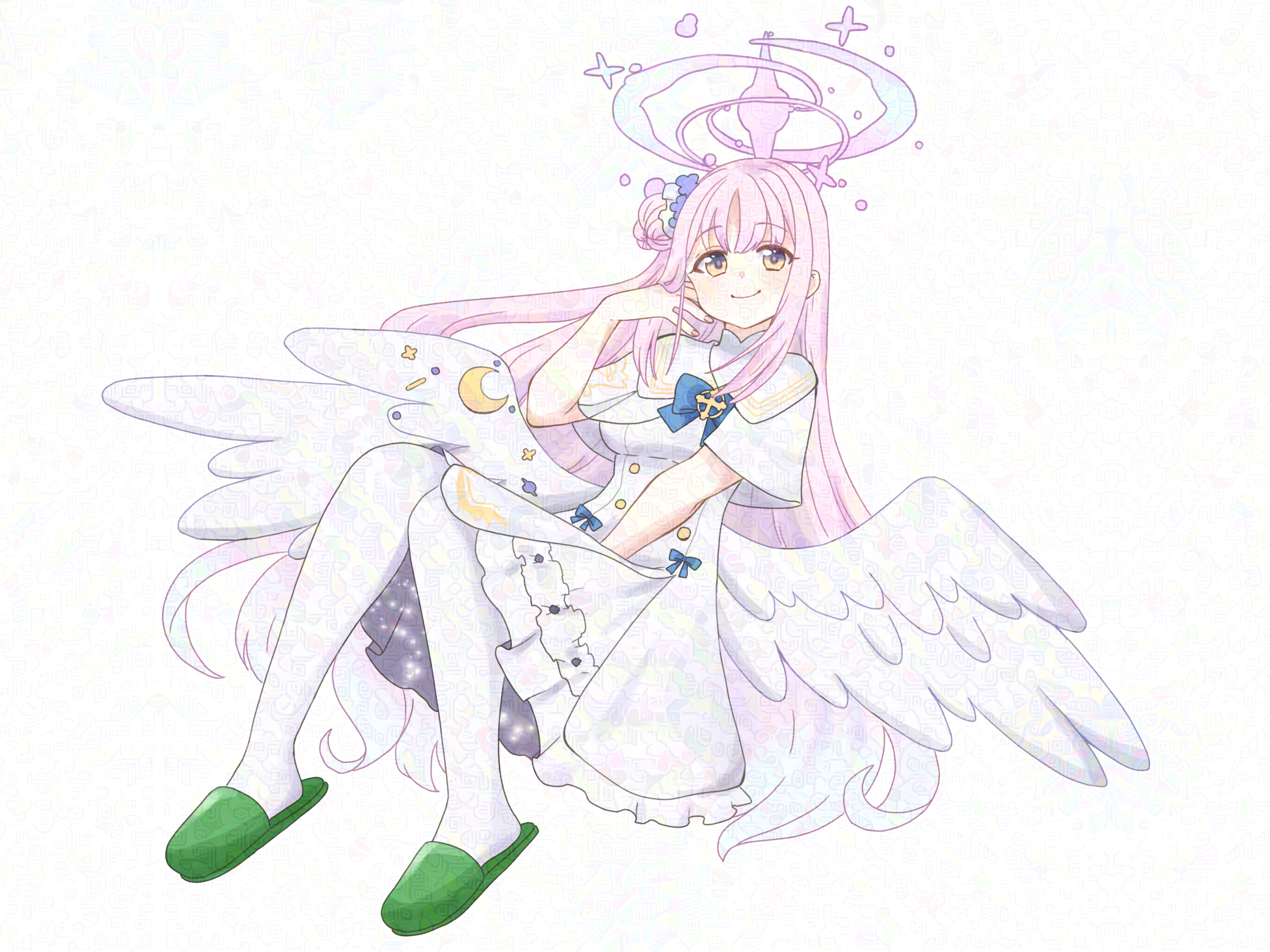 mayoineko, mika (blue archive), blue archive, absurdres, highres, 1girl, angel, angel wings, closed mouth, dress, green slippers, hair bun, halo, long hair, looking at viewer, panties, pink hair, slippers, solo, underwear, white background, white dress, white panties, wings
