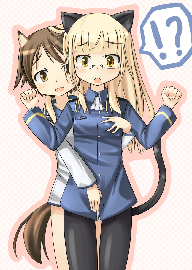 rinyan suzu, miyafuji yoshika, perrine h. clostermann, strike witches, world witches series, bad id, bad pixiv id, !?, 00s, 2girls, animal ears, arms up, blonde hair, breasts, brown eyes, brown hair, crotch grab, glasses, grabbing another's breast, groping, long hair, military, military uniform, molestation, multiple girls, pantyhose, school uniform, serafuku, short hair, small breasts, surprised, surprised arms, tail, yellow eyes, yuri