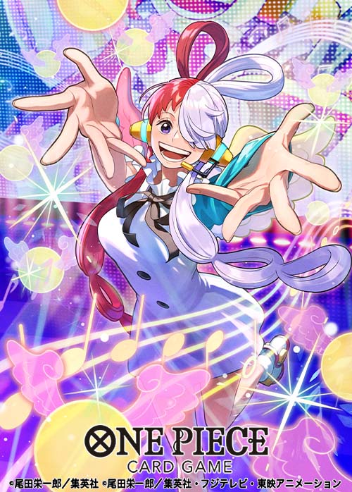 otton, uta (one piece), one piece, one piece card game, commentary request, official art, 1girl, black ribbon, blue gloves, boots, copyright name, dress, elbow gloves, gloves, hair over one eye, headset, musical staff, neck ribbon, open mouth, pink wings, purple eyes, red hair, ribbon, single elbow glove, smile, solo, twintails, two-tone wings, white dress, white hair, white wings, wings