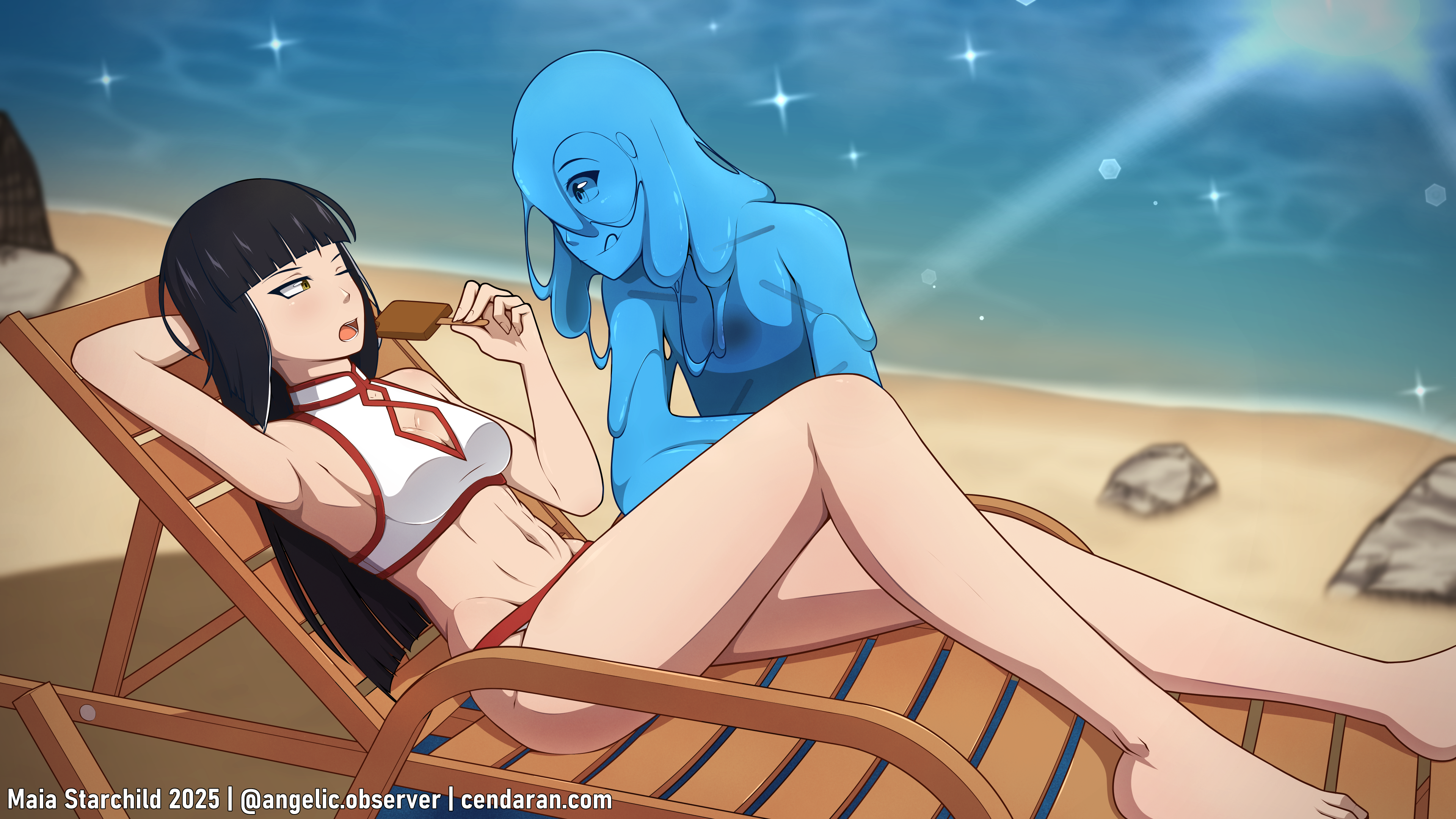 absurdres, highres, self-upload, arm behind head, beach, beach chair, bikini, black hair, blue eyes, blue skin, breasts, cendaran, cleavage, cleavage cutout, clothing cutout, colored skin, eating, food, hime cut, leaning back, licking lips, long hair, maia starchild, monster, multicolored hair, open mouth, popsicle, popsicle stick, reclining, rime desophine, sienna harris, slime (creature), slime hair, staring, swimsuit, tongue, tongue out, white hair, yellow eyes