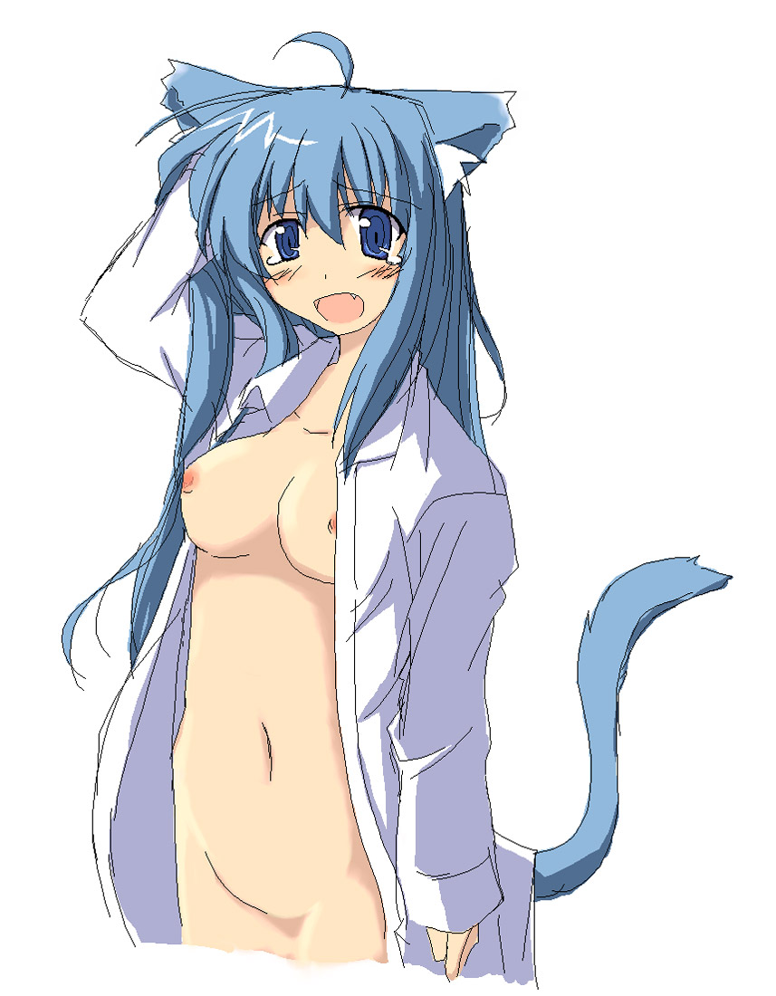 1girl, animal ears, blue eyes, blue hair, blush, bottomless, breasts, cat ears, cat tail, fang, female focus, hand on own head, long hair, matching hair/eyes, naked shirt, navel, nipples, oekaki, open clothes, open mouth, open shirt, shirt, sleepy, solo, tail, tears, white shirt, yawning