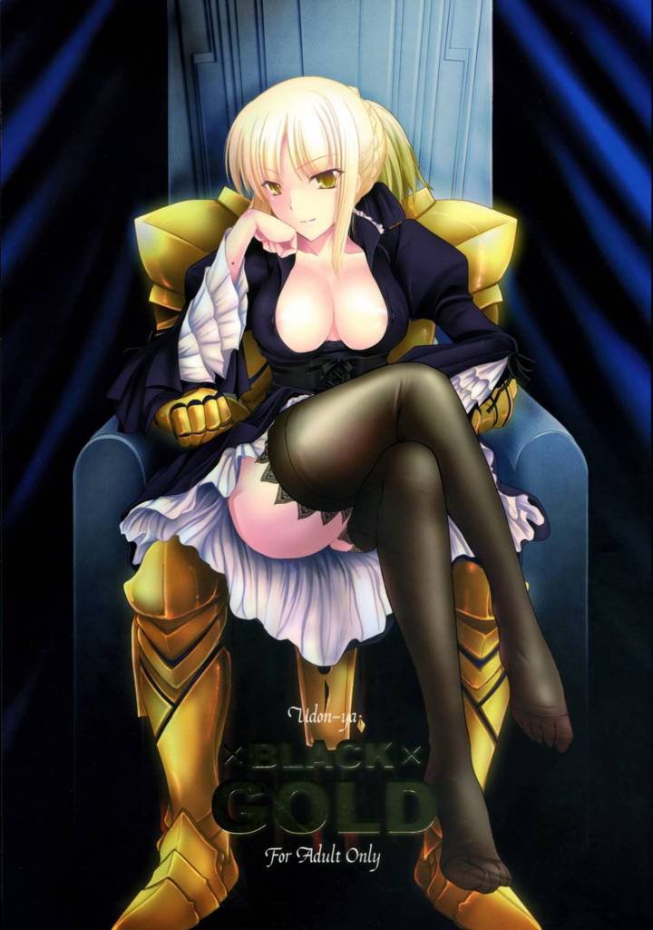 kizuki aruchu, artoria pendragon (fate), gilgamesh (fate), saber (fate), saber alter, fate/stay night, fate (series), 00s, black gold, blonde hair, breasts, cleavage, crossed legs, feet, knight, long hair, sitting, smile, thighhighs, yellow eyes
