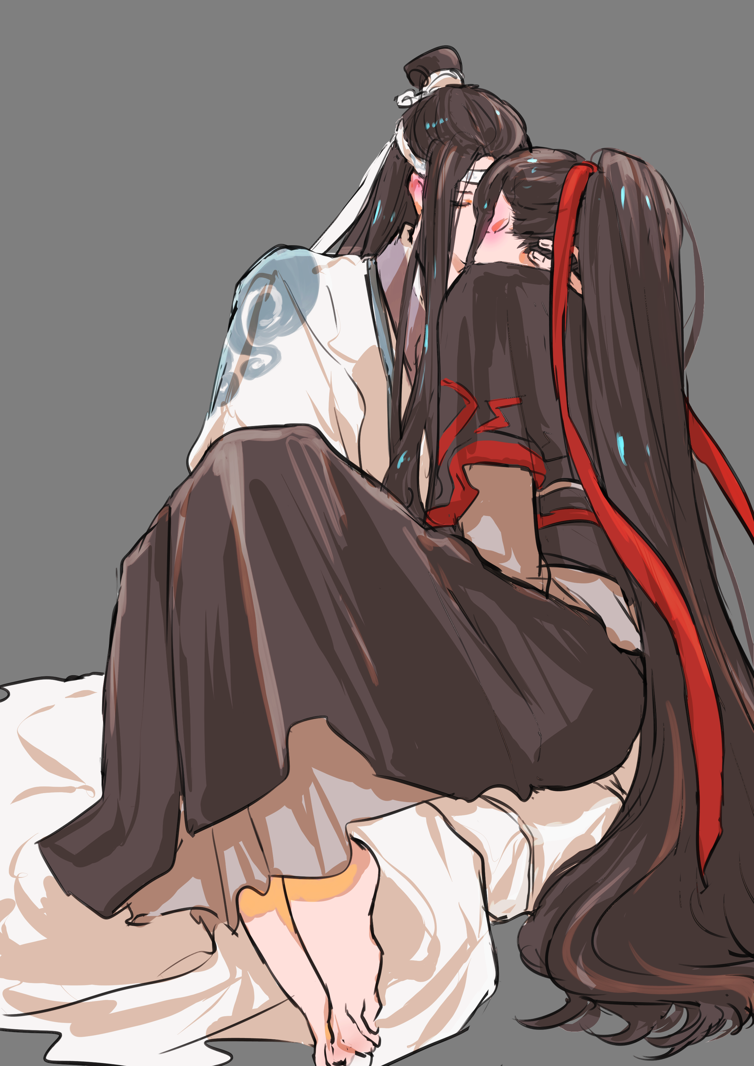 naruse (kmk648), lan wangji, wei wuxian, modao zushi, absurdres, highres, 2boys, barefoot, black hair, black hanfu, blush, chinese clothes, closed eyes, couple, ear blush, feet, from behind, grey background, hair ribbon, hand in another's hair, hand on another's neck, hanfu, headband, implied kiss, kiss, knees up, long hair, long sleeves, male focus, multiple boys, ponytail, red ribbon, ribbon, robe, sash, sidelocks, simple background, sitting, sitting on lap, sitting on person, topknot, very long hair, white hanfu, white headband, xiao guan (headdress), yaoi