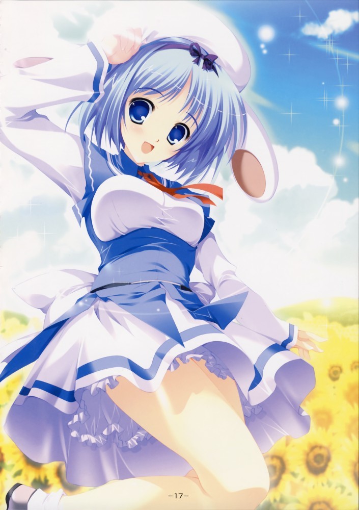 1girl, :d, animal ears, arm up, beret, blue eyes, blue hair, blue sky, blush, bow, breasts, cloud, day, dress, fake animal ears, female focus, field, flower, flower field, frills, hairband, hand on headwear, hat, legs, long sleeves, looking at viewer, medium breasts, neck ribbon, open mouth, outdoors, rabbit ears, red ribbon, ribbon, school uniform, shoes, short hair, sky, smile, socks, solo, sunflower, thighhighs, white socks