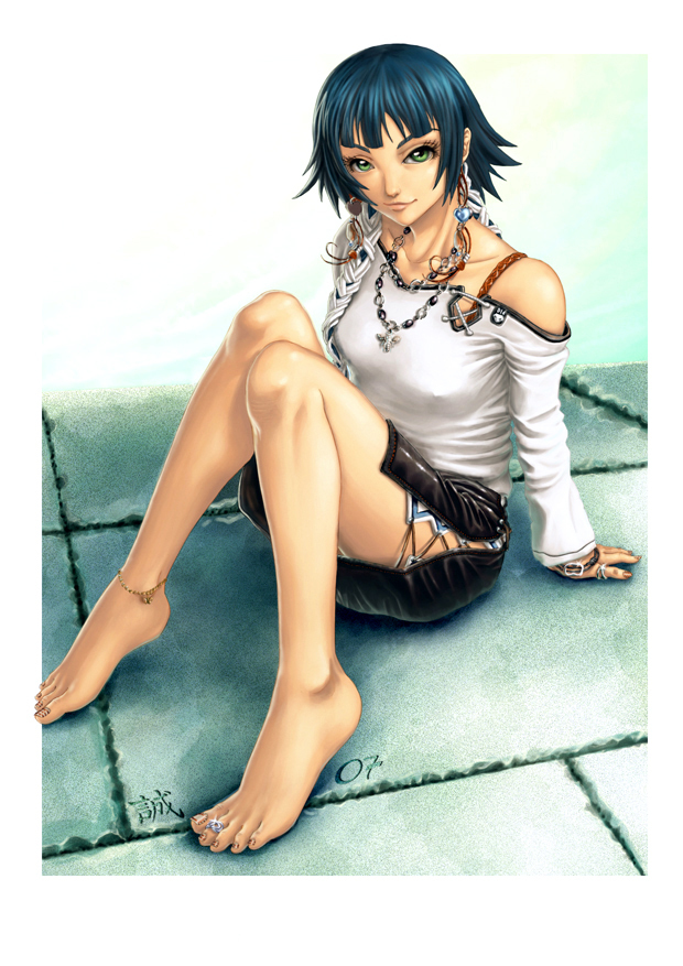sui-feng, bleach, 00s, barefoot, feet, green eyes, green hair, jewelry, nail polish, short hair, sitting, smile, thighhighs, toe ring, toes