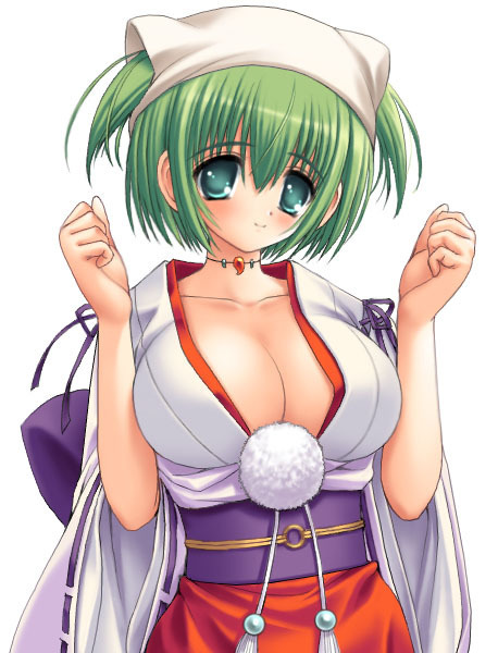blush, breasts, cleavage, green eyes, green hair, japanese clothes, jewelry, kimono, necklace, short hair, smile