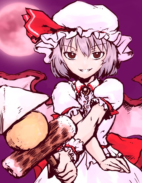 dokuromaru, sarekoubemaru, remilia scarlet, touhou, 1girl, bat wings, female focus, food, grin, hat, moon, purple hair, red moon, short hair, smile, solo, wings, wrist cuffs