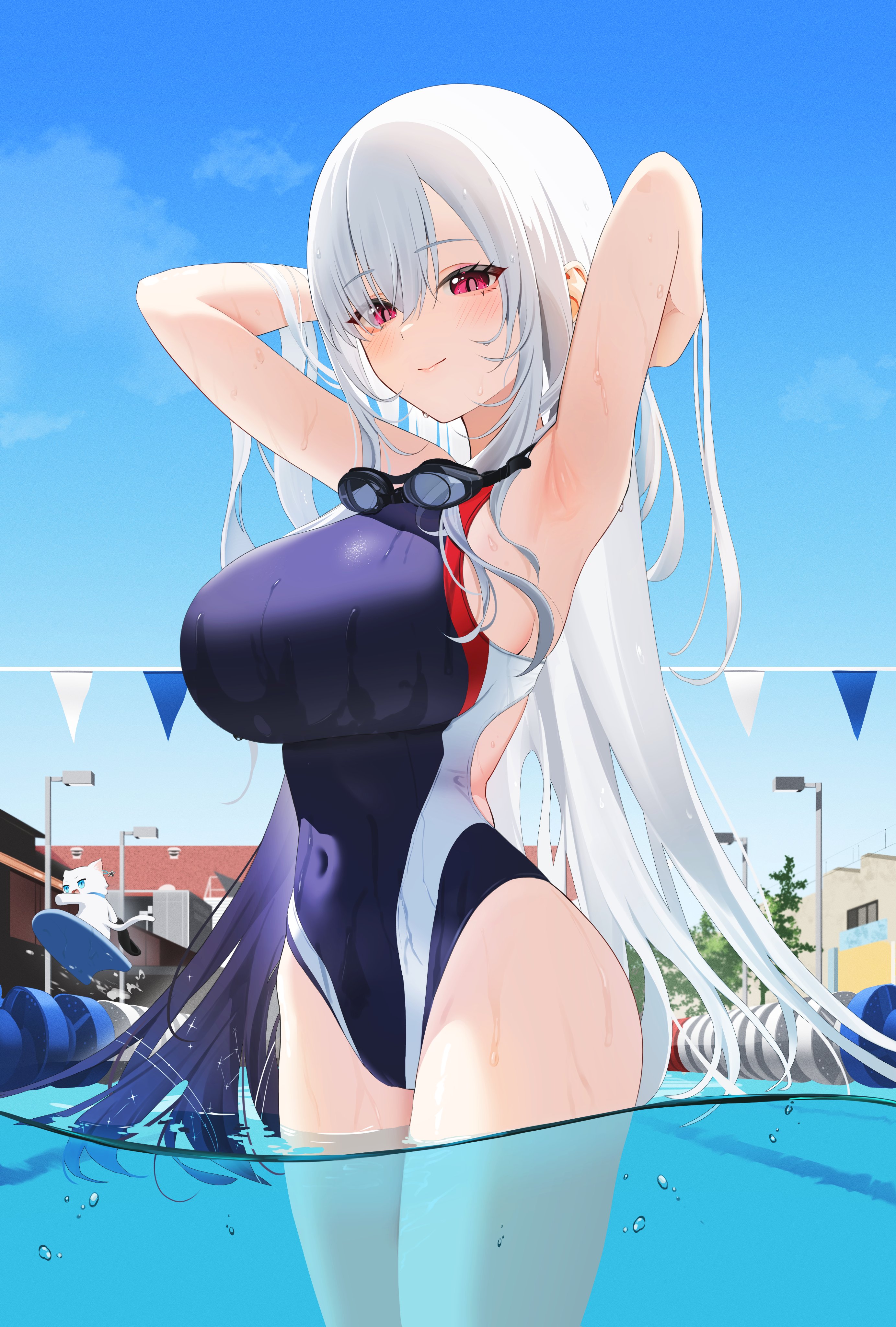 ri qing, earendel (jishenkong jihua), restia (streamer), indie virtual youtuber, jishenkong jihua, absurdres, commentary request, highres, 1girl, air bubble, armpits, arms behind head, arms up, back cutout, blue one-piece swimsuit, blue sky, blush, breasts, bubble, building, cat, closed mouth, clothing cutout, cloud, constellation print, covered navel, day, goggles, goggles around neck, gradient hair, hair between eyes, hair lift, highleg, highleg one-piece swimsuit, lamppost, large breasts, long hair, looking ahead, multicolored hair, one-piece swimsuit, outdoors, pool, purple hair, red eyes, sideboob, sky, smile, solo, standing, swimsuit, thighs, tree, very long hair, virtual youtuber, wading, water, wet, white hair