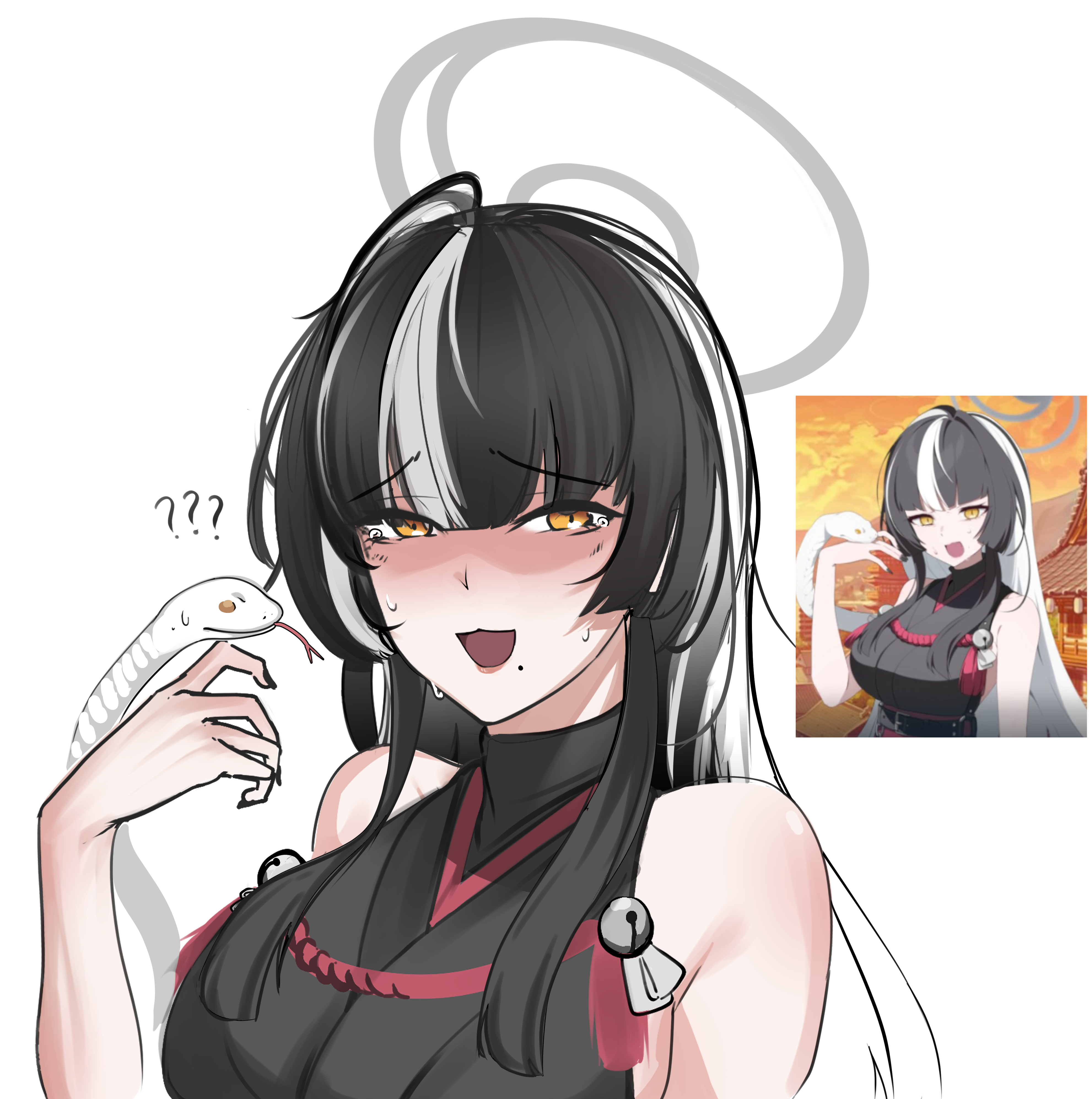 weebchair, azami (blue archive), blue archive, absurdres, highres, 1girl, ?, ??, ahoge, bare shoulders, black dress, black hair, black nails, breasts, dress, grey hair, halo, large breasts, long hair, looking at viewer, mole, mole under mouth, multicolored hair, nail polish, nervous sweating, open mouth, rope, shimenawa, simple background, sleeveless, sleeveless dress, snake, solo, sweat, tears, yellow eyes