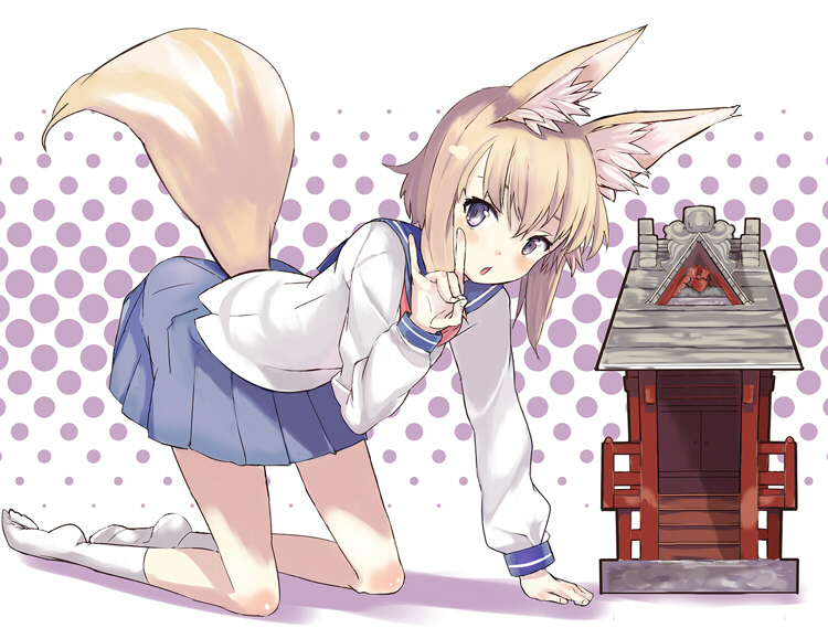 shiromiso, original, 1girl, :o, all fours, animal ears, blush, brown hair, feet, female focus, fox ears, fox shadow puppet, fox tail, m/, miniskirt, pleated skirt, purple eyes, school uniform, serafuku, short hair, shrine, skirt, socks, solo, tail