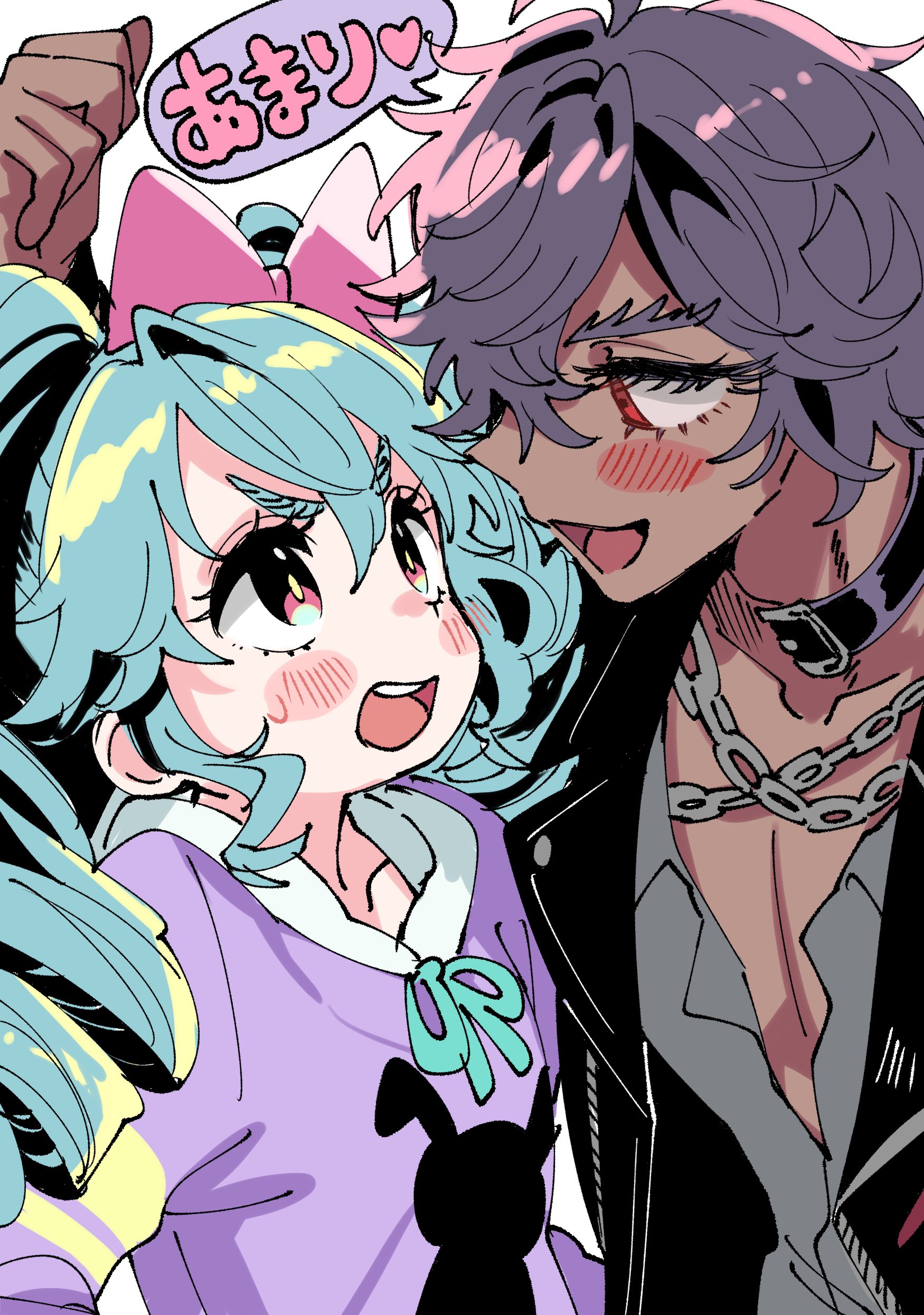 sukoyaka (100hituzi), katasumi amari, pretty series, pripara, absurdres, commentary request, highres, translation request, 1boy, 1girl, black collar, black jacket, blue hair, bow, chain, collar, dark-skinned male, dark skin, drill hair, furrowed brow, hair bow, hair over one eye, heart, hood, hood down, hoodie, idol land pripara, jacket, long hair, long sleeves, looking at another, mario (pripara), open mouth, pink bow, pink eyes, purple hoodie, red eyes, short hair, smile, speech bubble, sweatdrop, twin drills, twintails, upper body