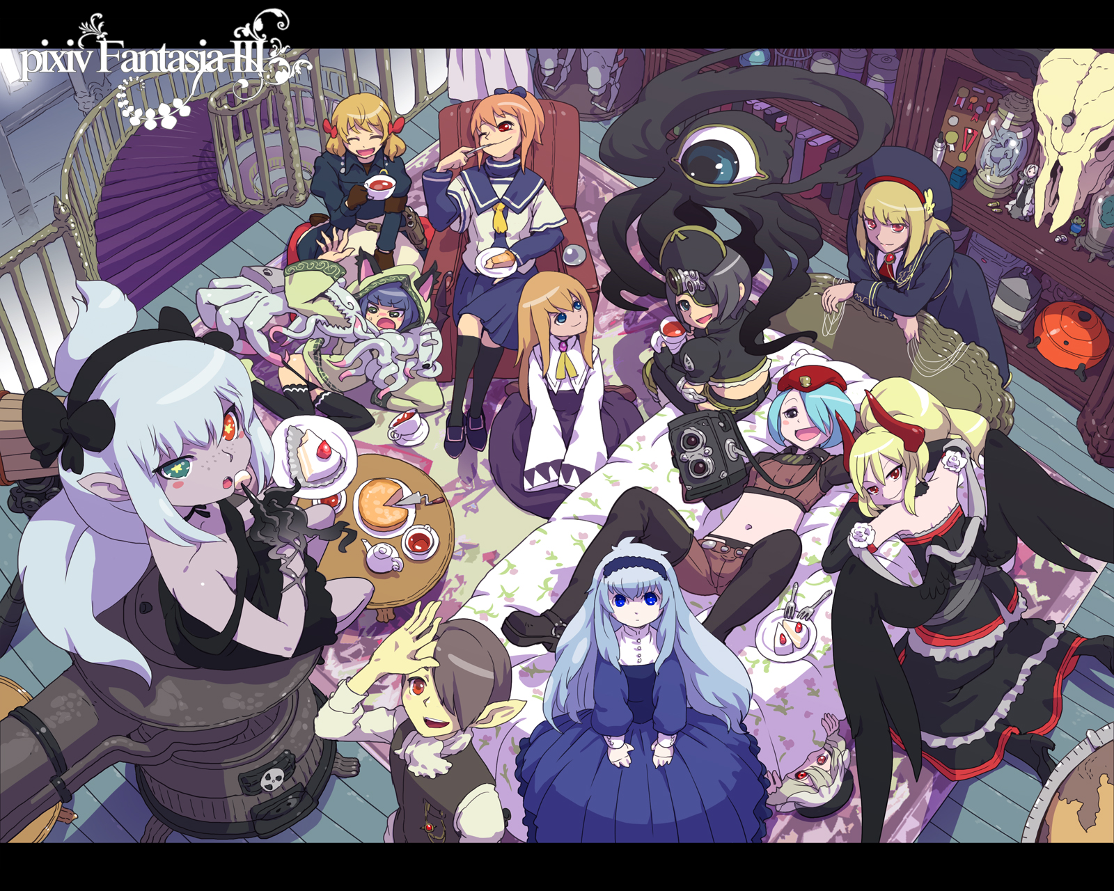 nagasawa shin, pixiv fantasia, pixiv fantasia 3, bad id, bad pixiv id, highres, 6+girls, animal ears, bed, black thighhighs, black wings, blue eyes, blush, boots, bow, cake, choker, closed eyes, detached sleeves, dress, eating, eyepatch, fantasy, flower, food, freckles, from above, gigandal federation, green eyes, hair bow, hair ornament, hair over one eye, hairband, hat, heterochromia, hood, hoodie, horns, laughing, long hair, looking up, lying, midriff, monster, multiple girls, navel, party, pastry, pleated skirt, pointy ears, ponytail, red eyes, school uniform, serafuku, short dress, sitting, skirt, skull, sleeves past wrists, smile, strap slip, sweat, tea, thigh boots, thighhighs, twintails, vest, wings, zettai ryouiki