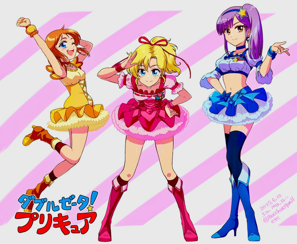 cure berry, cure peach, cure pine, elle vianno, elpeo puru, roux louka, fresh precure!, gundam, gundam zz, precure, commentary request, translated, 3girls, arm up, arms up, artist name, bacchusquall, blonde hair, blue boots, blue bow, blue choker, blue eyes, blue hairband, blue shirt, blue skirt, blue thighhighs, boots, bow, breasts, choker, closed mouth, cosplay, crop top, cure berry (cosplay), cure peach (cosplay), cure pine (cosplay), dated, diagonal-striped background, dress, earrings, frilled cuffs, frilled dress, frilled skirt, frills, full body, hair ornament, hair ribbon, hairband, hand on own hip, hand up, high heel boots, high heels, jewelry, knee boots, kneehighs, leaning forward, looking at viewer, magical girl, medium breasts, medium hair, midriff, multiple girls, navel, one eye closed, open mouth, orange boots, orange hair, pink background, pink boots, pink dress, ponytail, puffy short sleeves, puffy sleeves, purple hair, red bow, red ribbon, red socks, ribbon, salute, shirt, short hair, short sleeves, side ponytail, skirt, small breasts, smile, socks, standing, star (symbol), star hair ornament, striped background, teeth, thighhighs, twitter username, upper teeth only, wrist cuffs, yellow dress