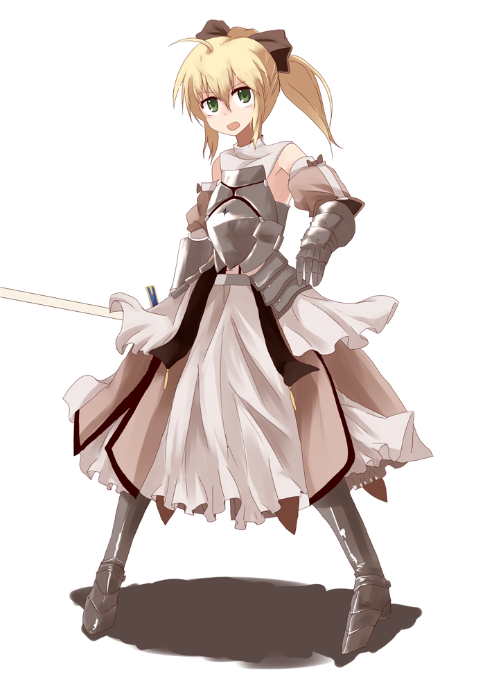 mieharu, artoria pendragon (fate), saber (fate), saber lily, capcom, fate/stay night, fate/unlimited codes, fate (series), 00s, 1girl, armor, armored dress, blonde hair, blue eyes, dress, female focus, solo, sword, weapon