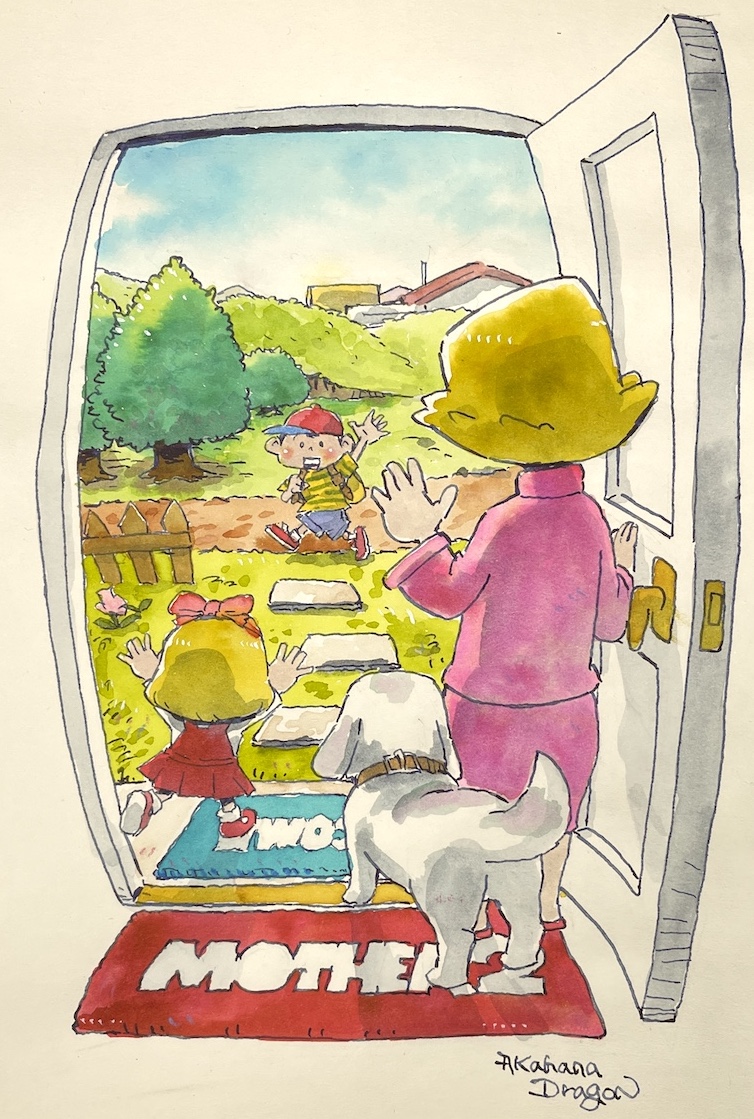 akahanadragon, king (mother 2), ness's mother, ness (mother 2), tracy (mother 2), mother (series), mother 2, nintendo, traditional media, 1boy, 2girls, arms up, backpack, bag, baseball cap, blonde hair, bow, collar, copyright name, dog, door, doorway, dress, frence, from behind, full body, hair bow, hat, indoors, looking at another, mother and daughter, mother and son, multiple girls, outdoors, running, shirt, shoes, shorts, skirt, sneakers, standing, striped clothes, striped shirt, sweater, tree, turtleneck, turtleneck sweater, walking, waving, welcome mat