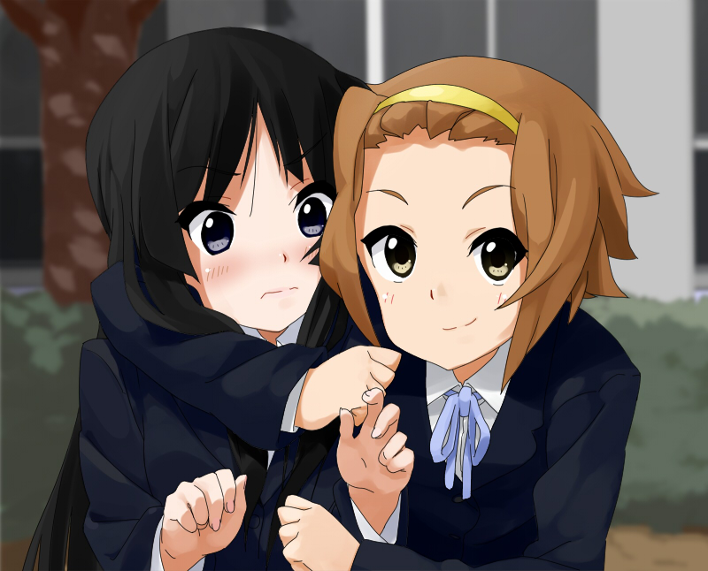 kaisen chuui, akiyama mio, tainaka ritsu, k-on!, 00s, 2girls, black hair, blazer, blue eyes, blunt bangs, blush, brown eyes, brown hair, hairband, headband, hime cut, hug, jacket, long hair, multiple girls, school uniform, short hair, smile