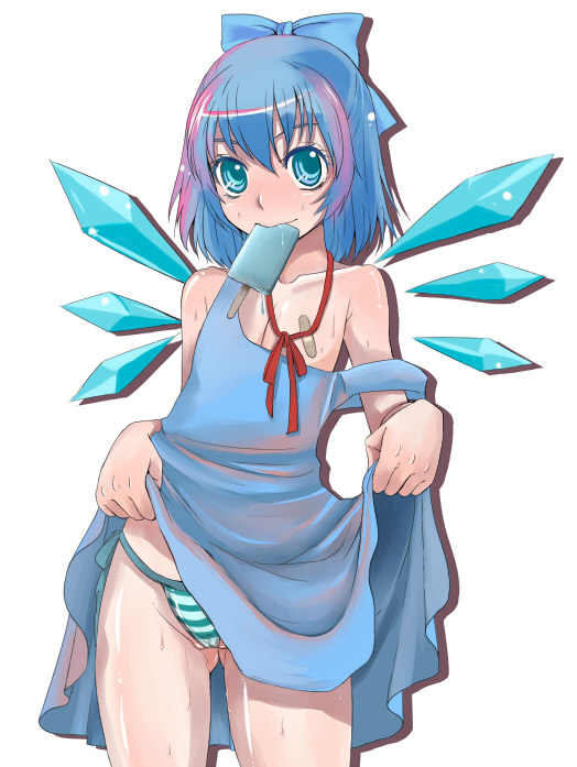 doru riheko, cirno, embodiment of scarlet devil, touhou, 1girl, bandaid, bandaids on nipples, blue eyes, blue hair, blush, clothes lift, dress, dress lift, female focus, flat chest, food, matching hair/eyes, no bra, panties, pasties, popsicle, short hair, simple background, solo, strap slip, striped clothes, striped panties, striped thighhighs, sweat, thighhighs, underwear, wet, white background, wings