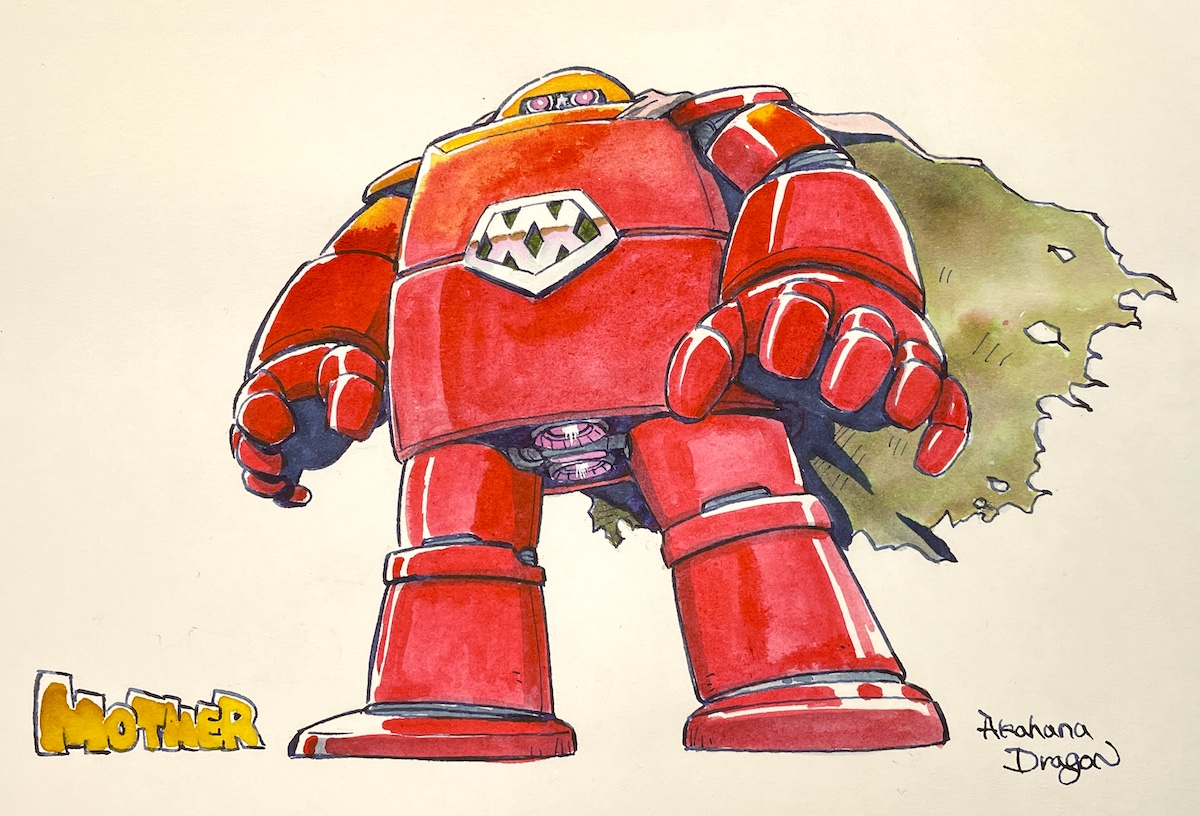akahanadragon, r7038xx, mother (series), mother 1, nintendo, traditional media, cape, copyright name, full body, red eyes, robot, standing, torn cape, torn clothes