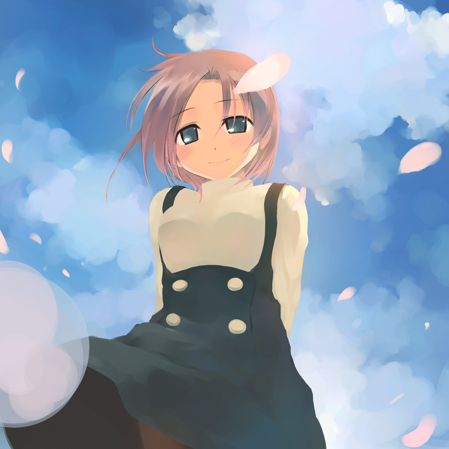 ikeda jun (mizutamari), original, blue eyes, blush, cherry blossoms, day, dress, petals, pink hair, short hair, sky, smile, solo