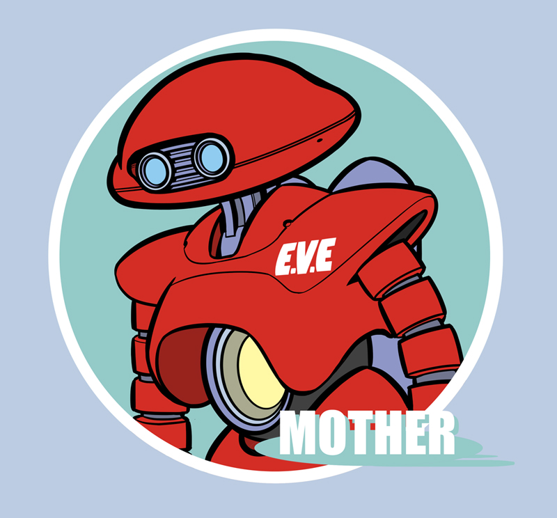 akahanadragon, eve (mother), mother (series), mother 1, nintendo, 1other, blue background, blue eyes, character name, copyright name, robot, upper body