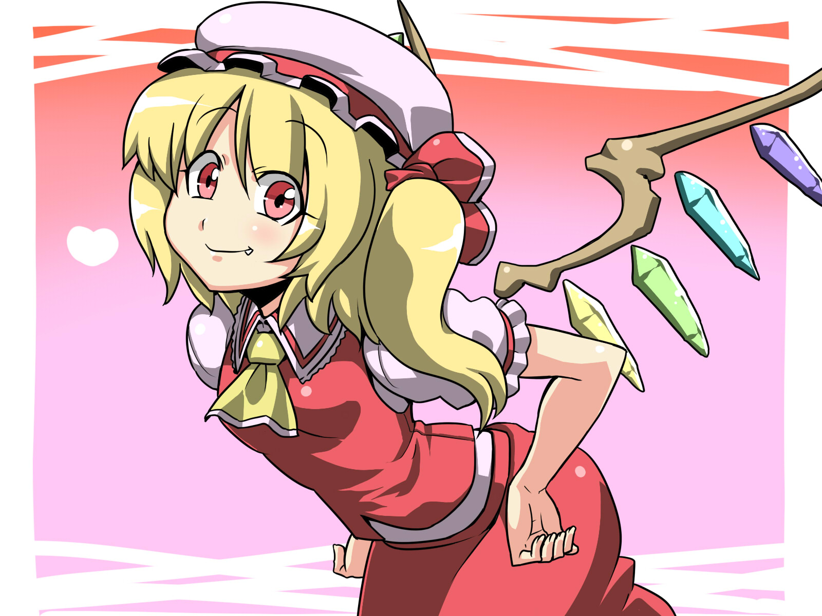 tukiwani, flandre scarlet, touhou, highres, 1girl, blonde hair, fang, female focus, hat, ponytail, red eyes, short hair, side ponytail, solo, wings