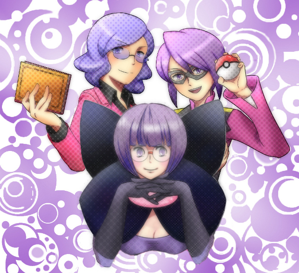 sumino, lucian (pokemon), shauntal (pokemon), will (pokemon), nintendo, pokemon, pokemon bw, pokemon dppt, pokemon hgss, commentary request, 1girl, 2boys, black gloves, blunt bangs, book, breasts, cleavage, closed mouth, elbow gloves, eye mask, glasses, gloves, holding, holding book, holding poke ball, interlocked fingers, long sleeves, mask, multiple boys, open mouth, poke ball, poke ball (basic), purple-tinted eyewear, purple eyes, purple hair, purple theme, round eyewear, short hair, smile, teeth, tinted eyewear, upper teeth only