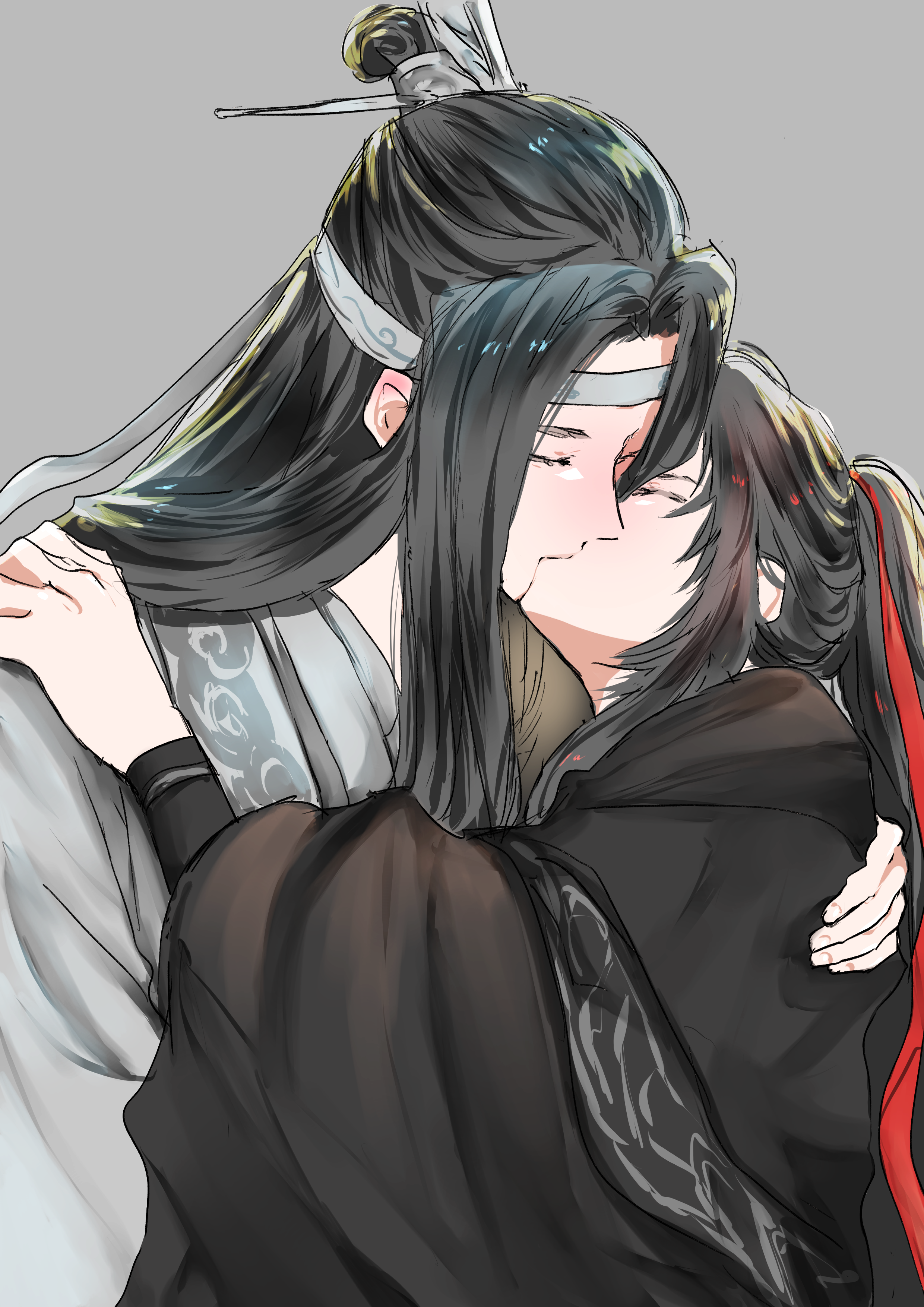 naruse (kmk648), lan wangji, wei wuxian, modao zushi, absurdres, highres, 2boys, black hair, black hanfu, chinese clothes, closed eyes, couple, grey background, hair ribbon, hand on another's shoulder, hanfu, headband, hug, kiss, long hair, long sleeves, male focus, multiple boys, ponytail, red ribbon, ribbon, robe, sidelocks, simple background, topknot, upper body, white hanfu, white headband, wide sleeves, xiao guan (headdress), yaoi