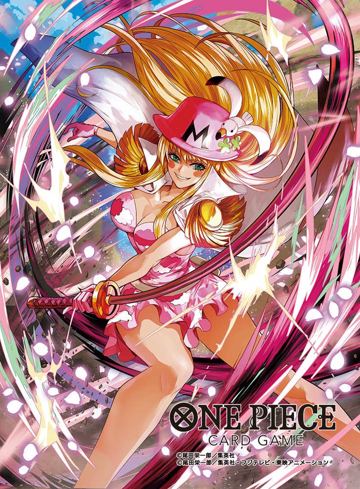 moreshan, kujaku (one piece), one piece, one piece card game, commentary request, official art, 1girl, attack, belt pouch, blonde hair, blue eyes, blunt bangs, blush stickers, coat, coat on shoulders, copyright name, dress, epaulettes, floating hair, gloves, hat, holding, holding sword, holding weapon, long hair, petals, pink dress, pink gloves, pink hat, pink petals, pouch, short dress, smile, solo, sword, weapon