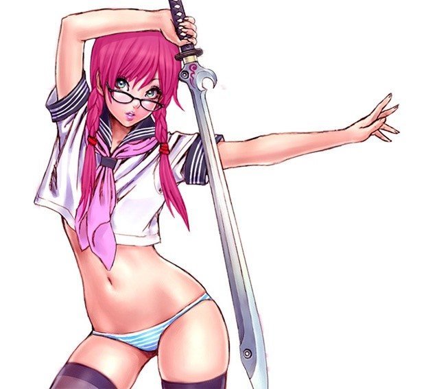 yamashita shun'ya, arisugawa shii, wild flower, 1girl, black thighhighs, braid, female focus, glasses, green eyes, lipstick, long hair, makeup, midriff, navel, no pants, panties, pink hair, solo, striped clothes, striped panties, sword, thighhighs, underwear, weapon