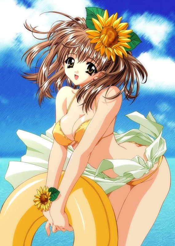 beach, bra, breasts, brown eyes, brown hair, cleavage, flower, innertube, lingerie, short hair, smile, swim ring, thighhighs, underwear
