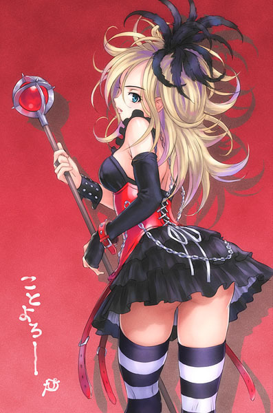 striped, striped legwear, belt, blonde hair, bustier, elbow gloves, gloves, green eyes, lingerie, long hair, staff, thighhighs, underwear