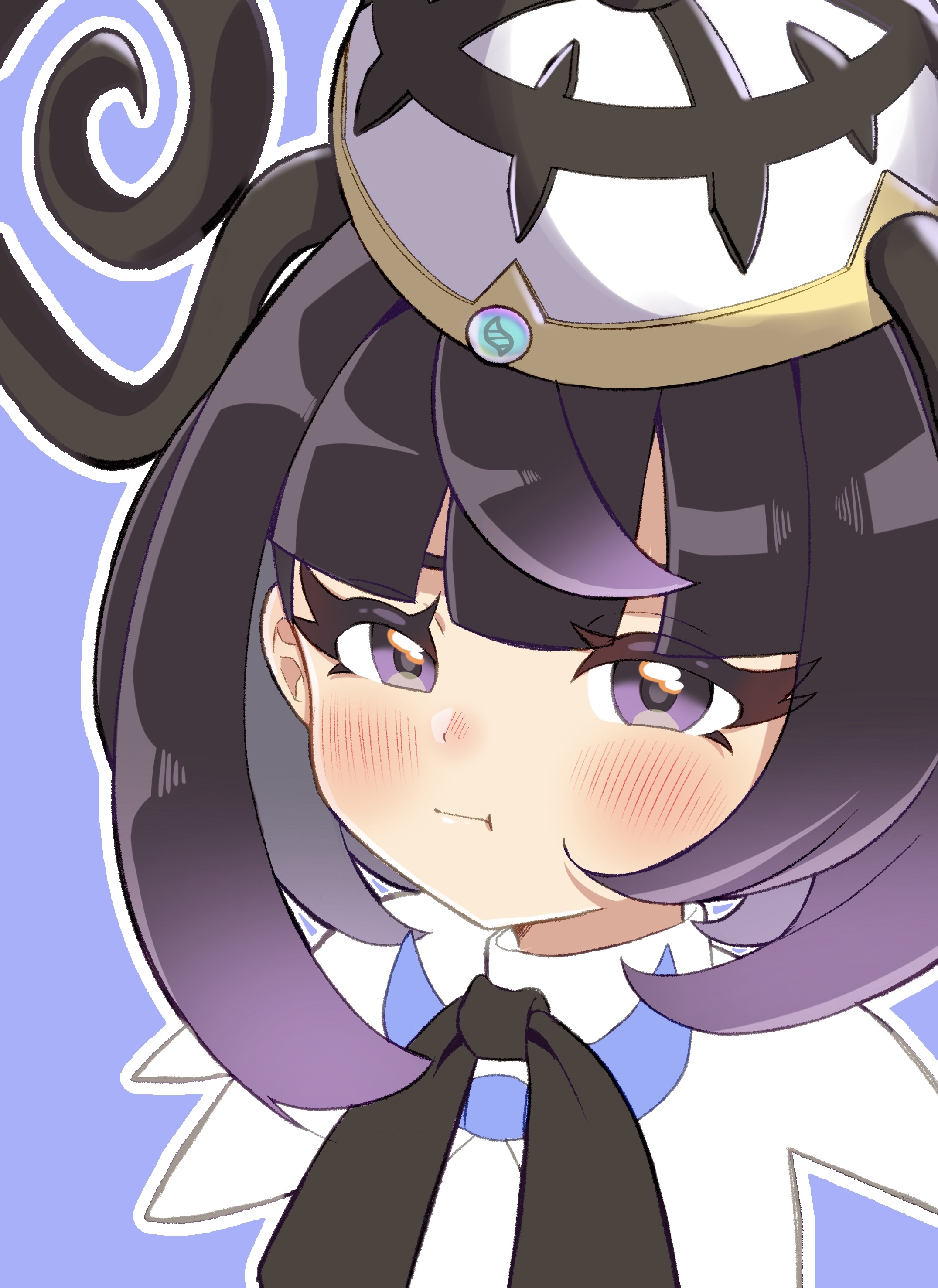 gwynn (pokemon), nintendo, pokemon, pokemon legends: z-a, absurdres, commentary request, highres, 1girl, :t, black bow, black bowtie, black hair, blue background, blunt bangs, blush, bow, bowtie, closed mouth, eyelashes, grey eyes, hat, jaromaro (avyj8778), long hair, looking at viewer, outline, portrait, pout, simple background, solo