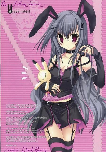kurousagi yuu, animal ears, belt, blush, breasts, bustier, choker, cleavage, dark bunny, goth fashion, grey hair, long hair, rabbit ears, red eyes