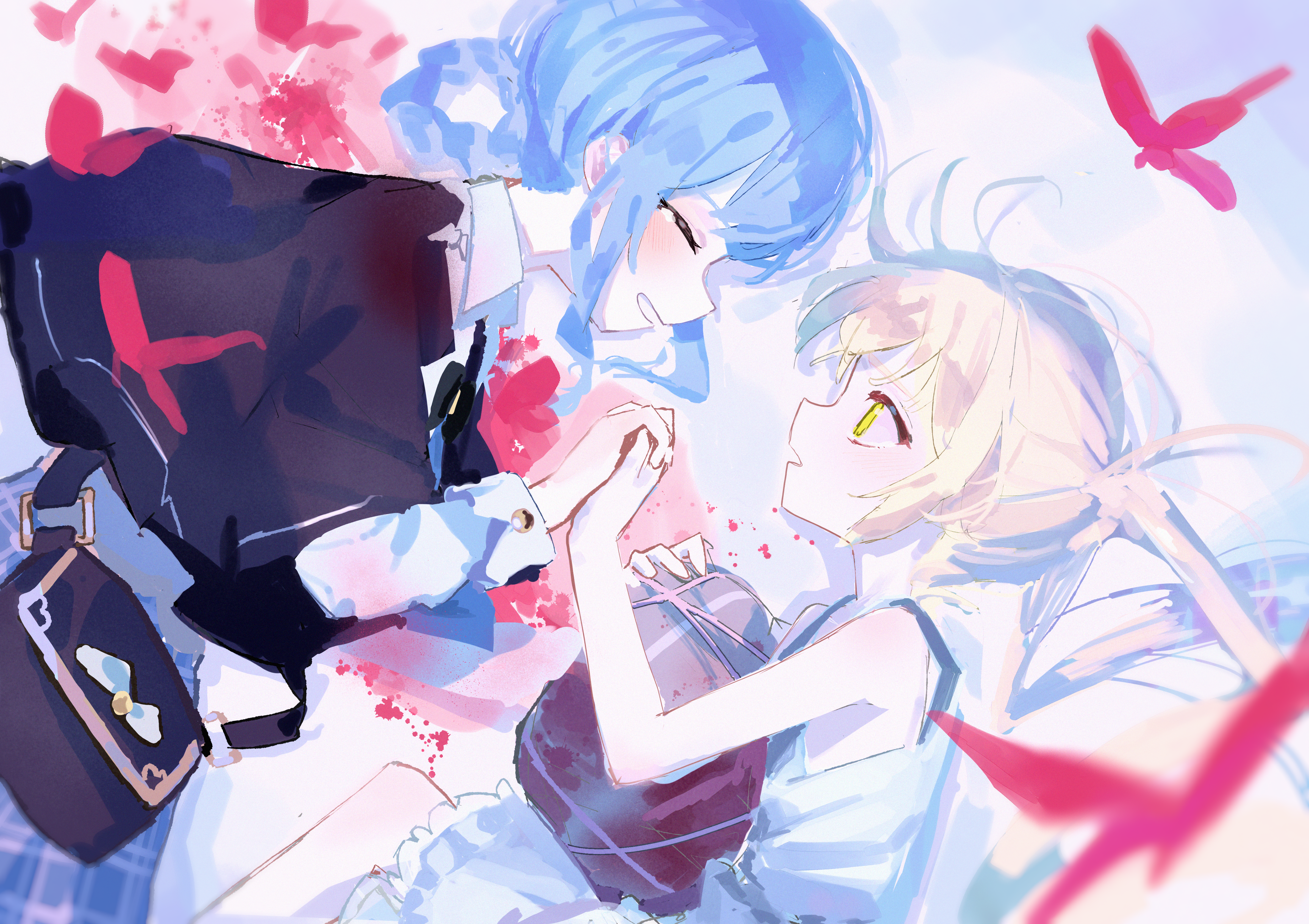 aya86qi, tachibana sherry, tono hanna, mahou shoujo no majo saiban, absurdres, commentary request, highres, spoilers, 2girls, black bag, black capelet, blonde hair, blood, blue hair, blue skirt, braid, braided hair rings, bug, butterfly, capelet, closed eyes, dress, from above, green eyes, hair rings, holding hands, insect, long hair, long sleeves, looking at another, lying, multiple girls, on ground, on side, open mouth, profile, red butterfly, short hair, skirt, smile, snow, twintails, white dress