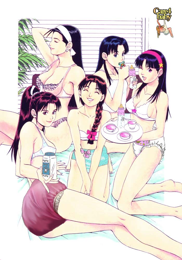 saigado, asamiya athena, shiranui mai, snk, the king of fighters, third-party edit, 5girls, adult baby, diaper, everyone, female focus, looking at viewer, multiple girls, pacifier, powder