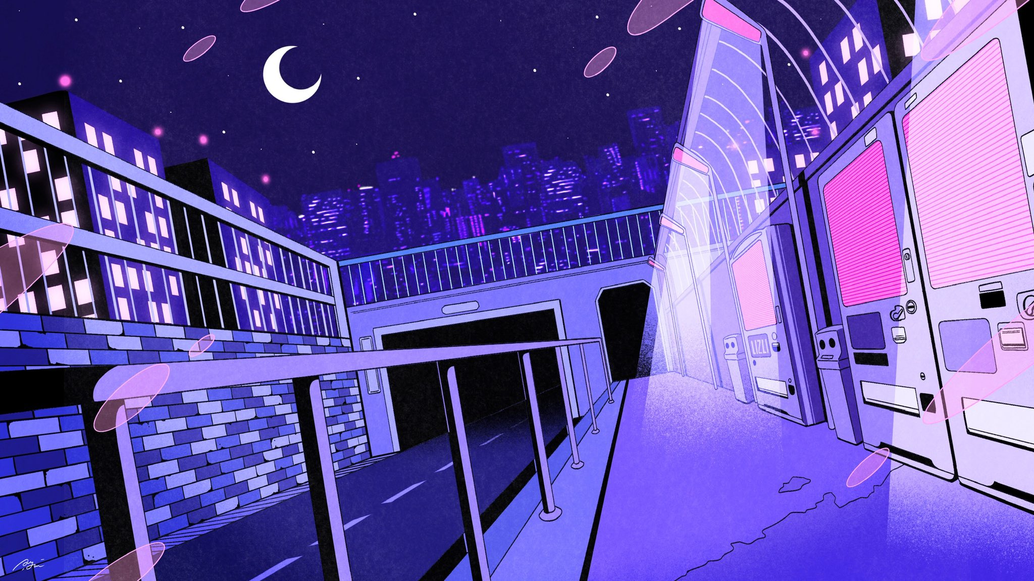 nakazawa ayami, original, commentary, highres, brick wall, building, city lights, cityscape, crescent moon, dutch angle, lamppost, light rays, moon, night, night sky, no humans, outdoors, road, scenery, sidewalk, sky, skyline, star (sky), street, tunnel, urban, vending machine