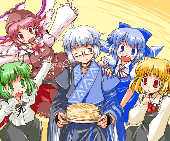 kanoe soushi, cirno, morichika rinnosuke, mystia lorelei, rumia, wriggle nightbug, touhou, bad id, bad pixiv id, 1boy, 4girls, blonde hair, cake, food, multiple girls, pancake, red eyes, simple background, team 9 (touhou)