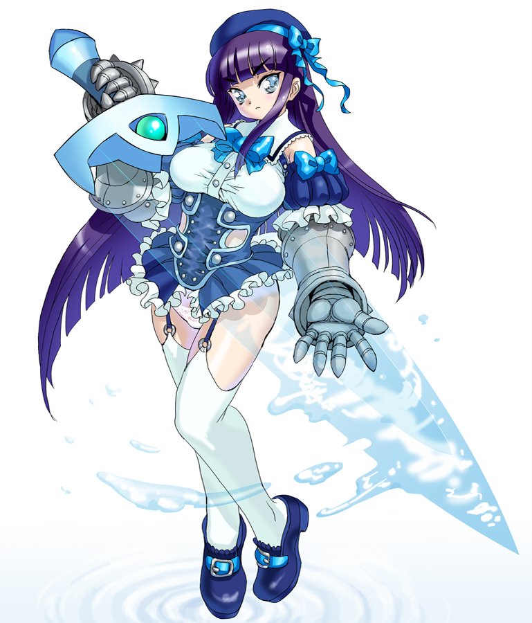 lovezawa, original, blue eyes, gauntlets, hat, legs, long hair, panties, purple hair, solo, sword, thighhighs, underwear, water, weapon