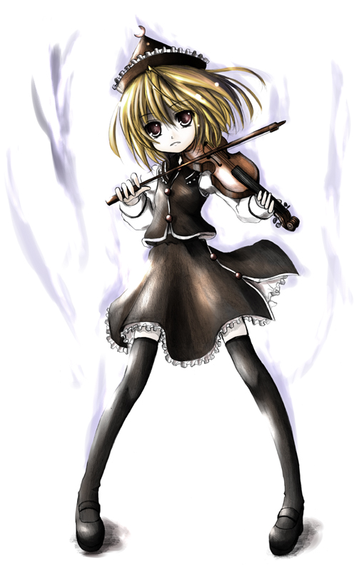 kurona, lunasa prismriver, touhou, 1girl, blonde hair, brown eyes, female focus, full body, hat, instrument, short hair, solo, standing, thighhighs, violin, white background, zettai ryouiki