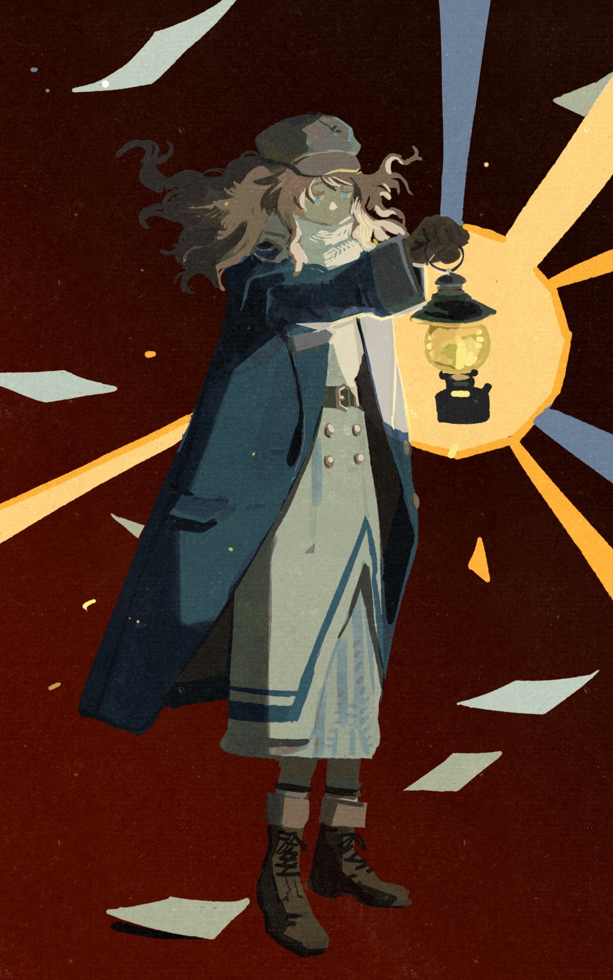 yangga1bi, marcus (reverse:1999), reverse:1999, highres, 1girl, ankle boots, blue coat, blue eyes, boots, brown boots, brown gloves, brown hair, coat, dress, floating hair, flying paper, full body, gloves, glowing, grey hat, hat, holding, holding lantern, lantern, long dress, newsboy cap, paper, red background, scarf, socks, solo, white dress, white scarf, white socks