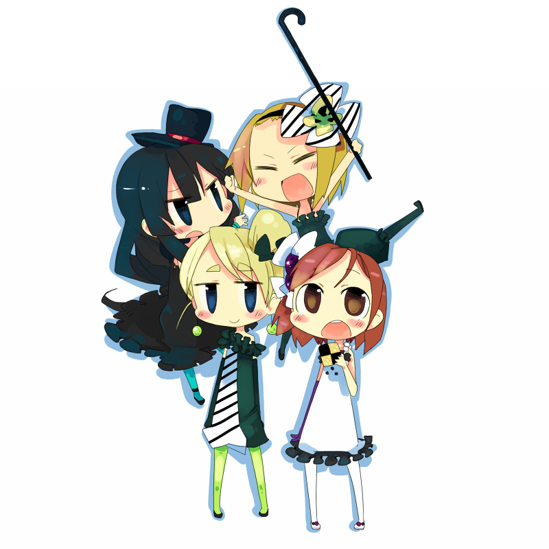 kanikama, akiyama mio, hirasawa yui, kotobuki tsumugi, tainaka ritsu, don't say "lazy", k-on!, > <, 00s, 4girls, :o, arms up, black eyes, blonde hair, blue eyes, blue pantyhose, blush, bow, brown eyes, checkerboard cookie, chibi, closed eyes, cookie, dress, food, green pantyhose, hair bow, hair ornament, hairband, hat, ho-kago tea time, jewelry, jitome, long hair, multiple girls, necklace, o/, open mouth, outstretched arms, pantyhose, ponytail, short hair, smile, standing, white pantyhose