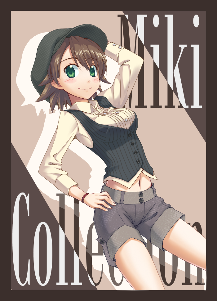hakkaku shikimi, awakened miki, hoshii miki, idolmaster, idolmaster (classic), idolmaster 1, 00s, 1girl, blush, breasts, brown hair, casual, fashion, female focus, green eyes, hat, midriff, navel, short hair, shorts, smile, solo