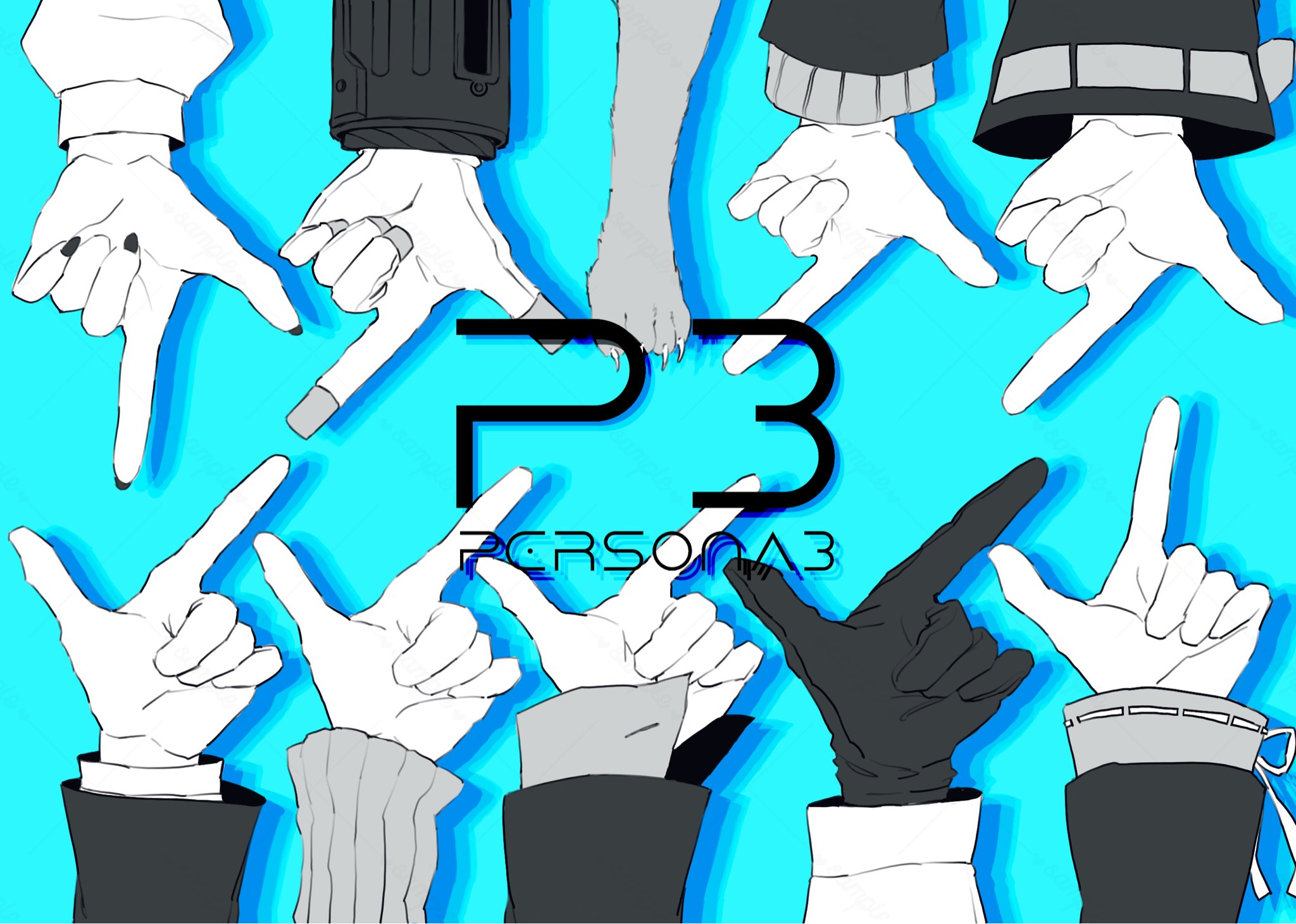 aigis (persona), amada ken, aragaki shinjirou, iori junpei, kirijou mitsuru, koromaru (persona), sanada akihiko, takeba yukari, yamagishi fuuka, yuuki makoto (persona 3), persona, persona 3, commentary, highres, 4girls, 5boys, black gloves, blue background, copyright name, dog, drop shadow, everyone, finger gun, gloves, greyscale with colored background, hand focus, index finger raised, long sleeves, mechanical hands, multiple boys, multiple girls, out of frame, simple background, xmrezos