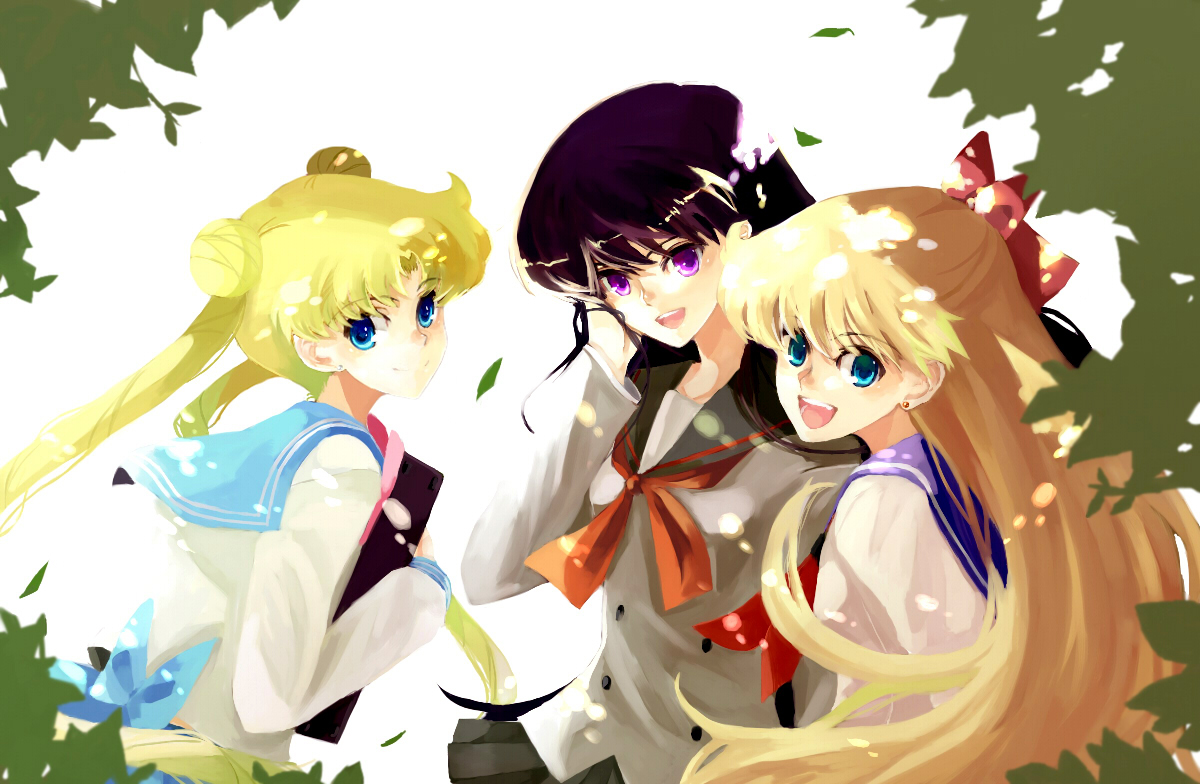nako, nako (nonrain), aino minako, hino rei, tsukino usagi, bishoujo senshi sailor moon, bad id, bad pixiv id, 1990s (style), 3girls, aqua eyes, black hair, blonde hair, blue eyes, blue sailor collar, bow, double bun, earrings, hair bow, half updo, happy, jewelry, long hair, multiple girls, purple eyes, purple hair, red bow, sailor collar, school uniform, serafuku, smile, twintails