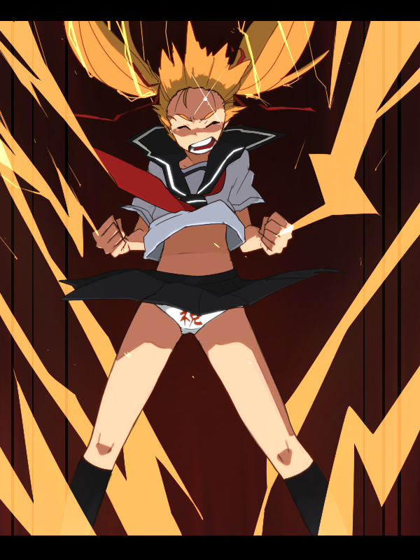 nanora, bad id, bad pixiv id, aura, electricity, kneehighs, orange hair, panties, school uniform, socks, solo, twintails, underwear