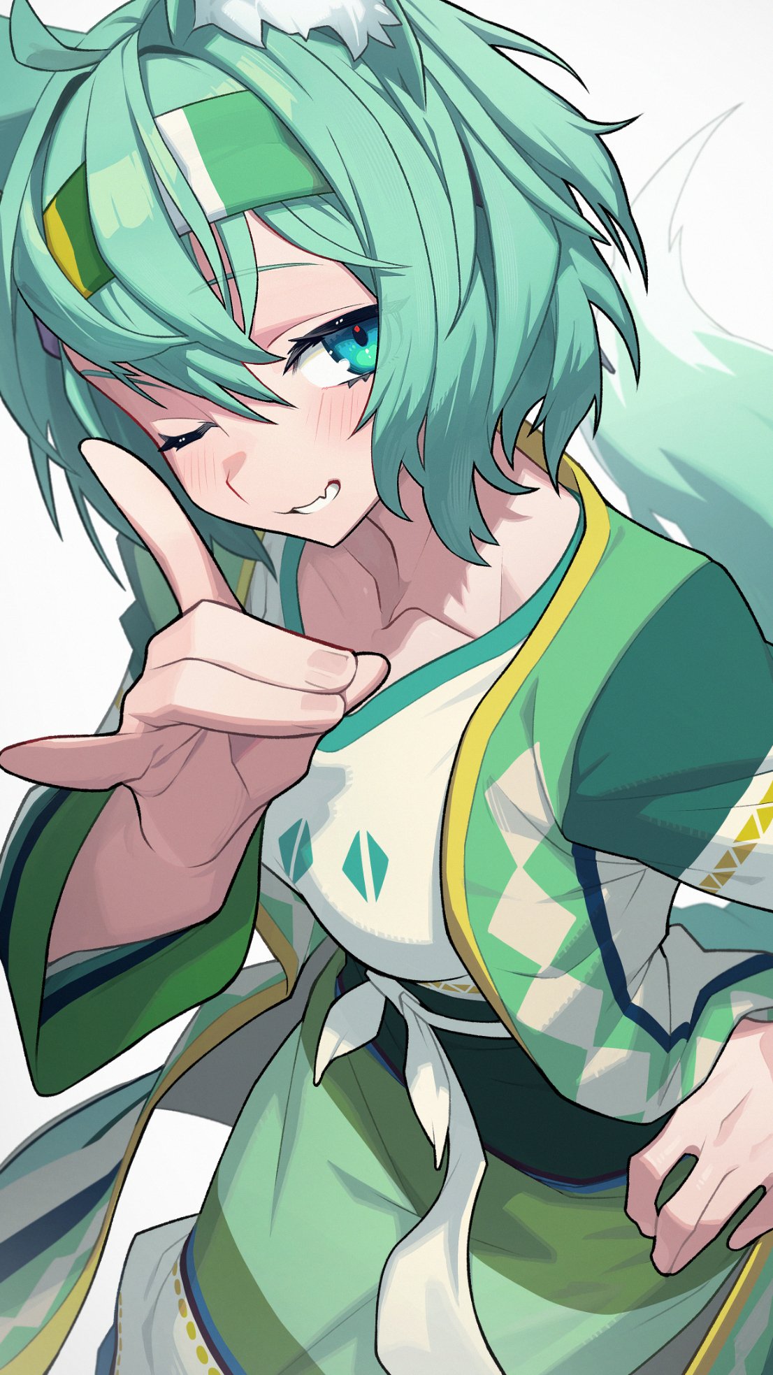 hata4564, original, commission, highres, skeb commission, 1girl, ;), animal ear fluff, animal ears, belt, breasts, fang, fox girl, fox shadow puppet, fox tail, green eyes, green hair, green headband, green jacket, green skirt, green tail, grin, headband, jacket, looking at viewer, medium breasts, one eye closed, shirt, short hair, simple background, skin fang, skirt, smile, solo, tail, white background, white belt, white shirt