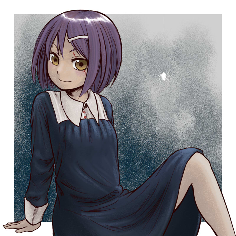 abekawa, acony lanchester, acony, brown eyes, child, dress, purple hair, scar, short hair, sitting, smile, solo